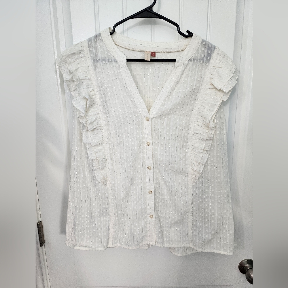 Anthropologie Pilcro Ruffled Buttondown Metallic Swiss Dot Top in Ivory, Size XL - Picture 5 of 8
